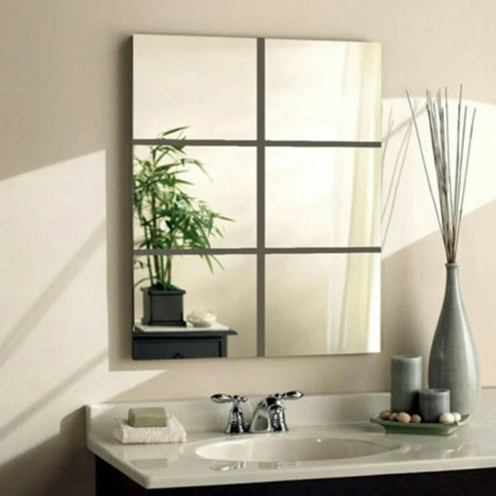 Square Wall Stickers Paper Mosaic Glass Tile Mirror Stickers Decal 3D Wall Home Decoration 6Pcs for Living Room Bathroom