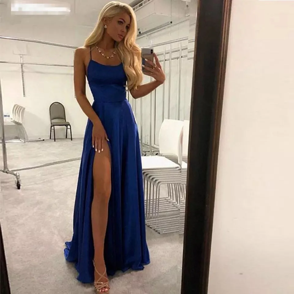 

Doymeny Split A-line Prom Dresses Party Wear Sleeveless Long Evening Dress Spaghetti Straps Floor Length Vestidos Robe De Soiree