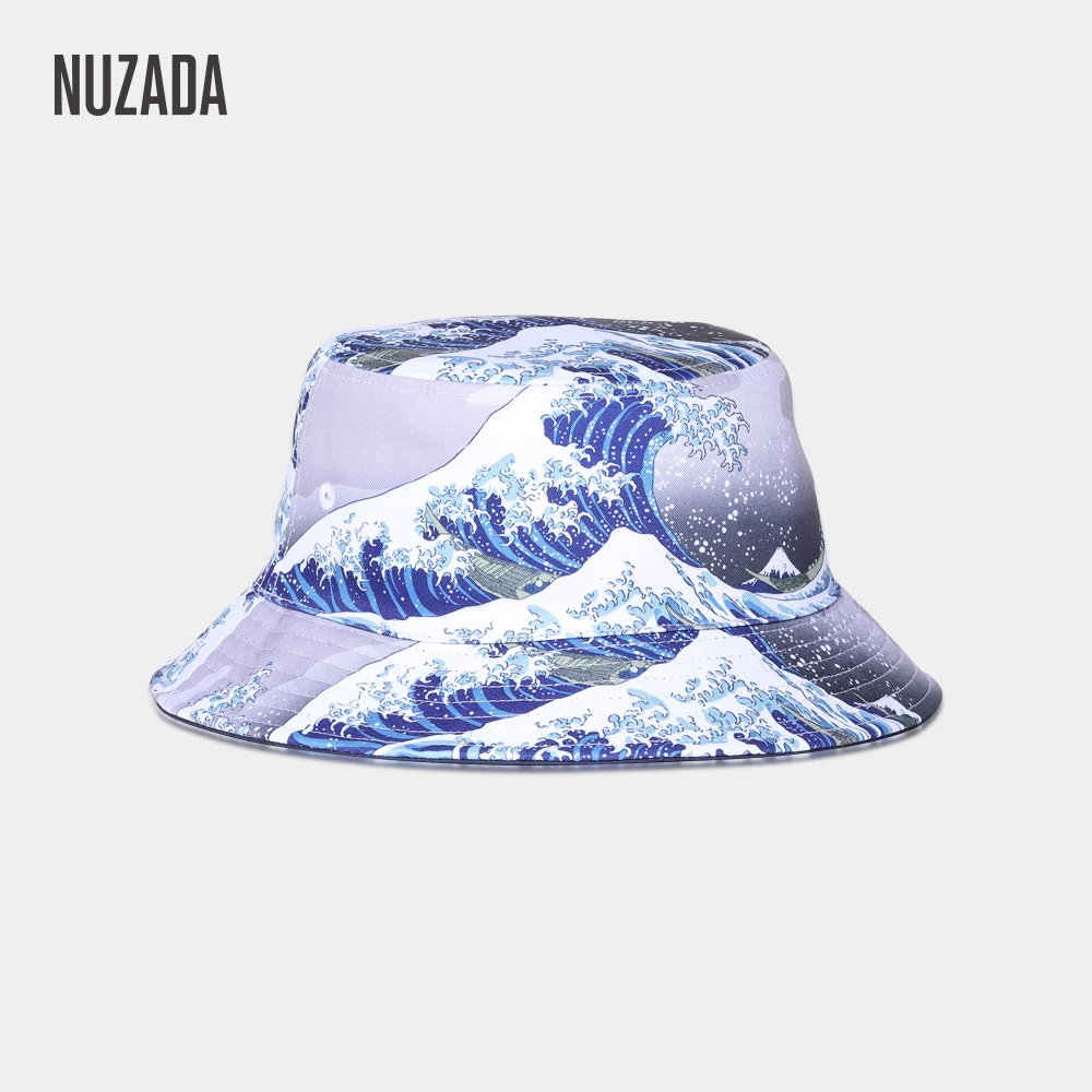 

NUZADA New 3D Printing Wave Pattern Men Bucket Cap Summer Fisherman Hat for Women Reversible Hip Hop Bucket Hats Cotton Unisex