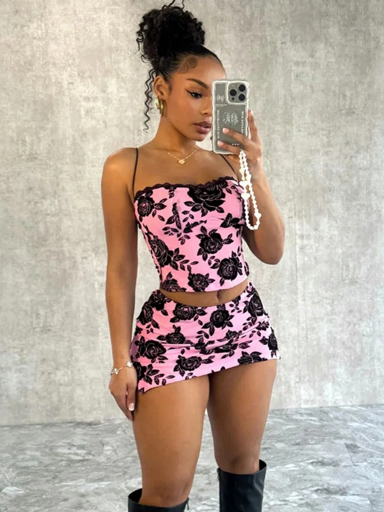 XIZOU Two 2 Piece Sets Womens Outfits Floral Print Spaghetti Strap Tank Tops and Bodycon Mini Skirts Female Daily Matching Set