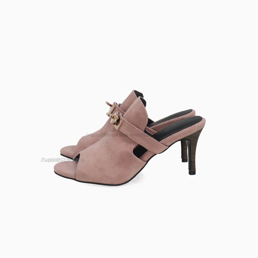 

Metal Decor Pink Flock Slippers Slip on Women Shoes Thin High Heels Peep Toe Elegant Deluxe Novel Fashion Sexy Zapatillas Mujer