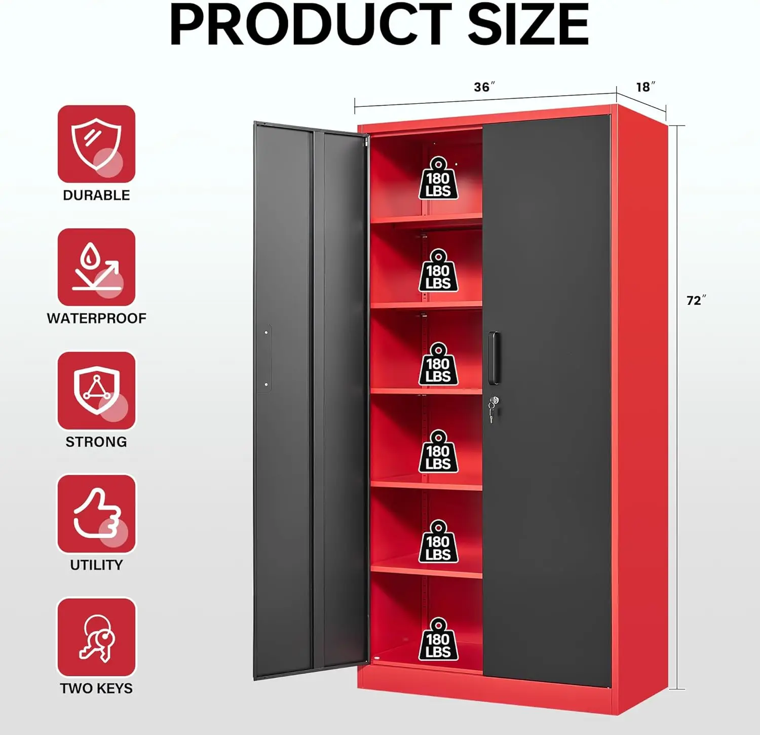 Metal Garage Storage Cabinets with Lock, 72" Tall Locker Organizer Steel Tool Cabinets,5 Adjustable Shelves 2 Doors (Black Red) 2