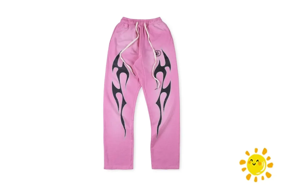 

Top Version Washed Pink Hellstar Flare Pants Men Women Vintage Pants Slightly Loose Long Drawstring Flame Trousers