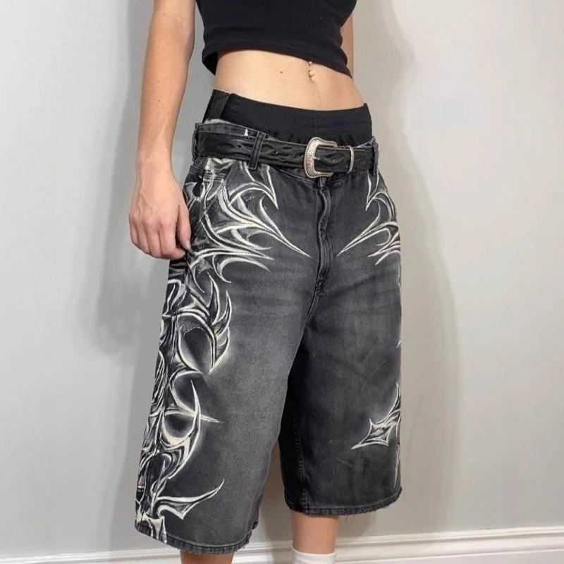 Mens Shorts Gothic Print Vintage Denim Harajuku Unisex Loose Fit Hip Hop Streetwear Summer Five Length Casual Fashion Trend New - 3