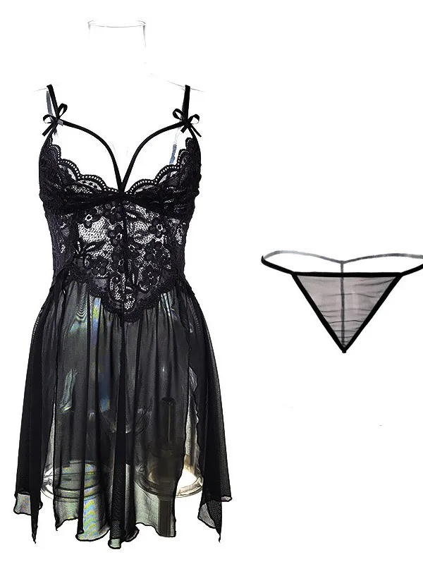 Sexy Nightdress Pure Desire Mesh Perspective Mini Tank V Neck Dress Hollowed Out Open Back Side Dress Elegant Sweet Tops Q7OY 5