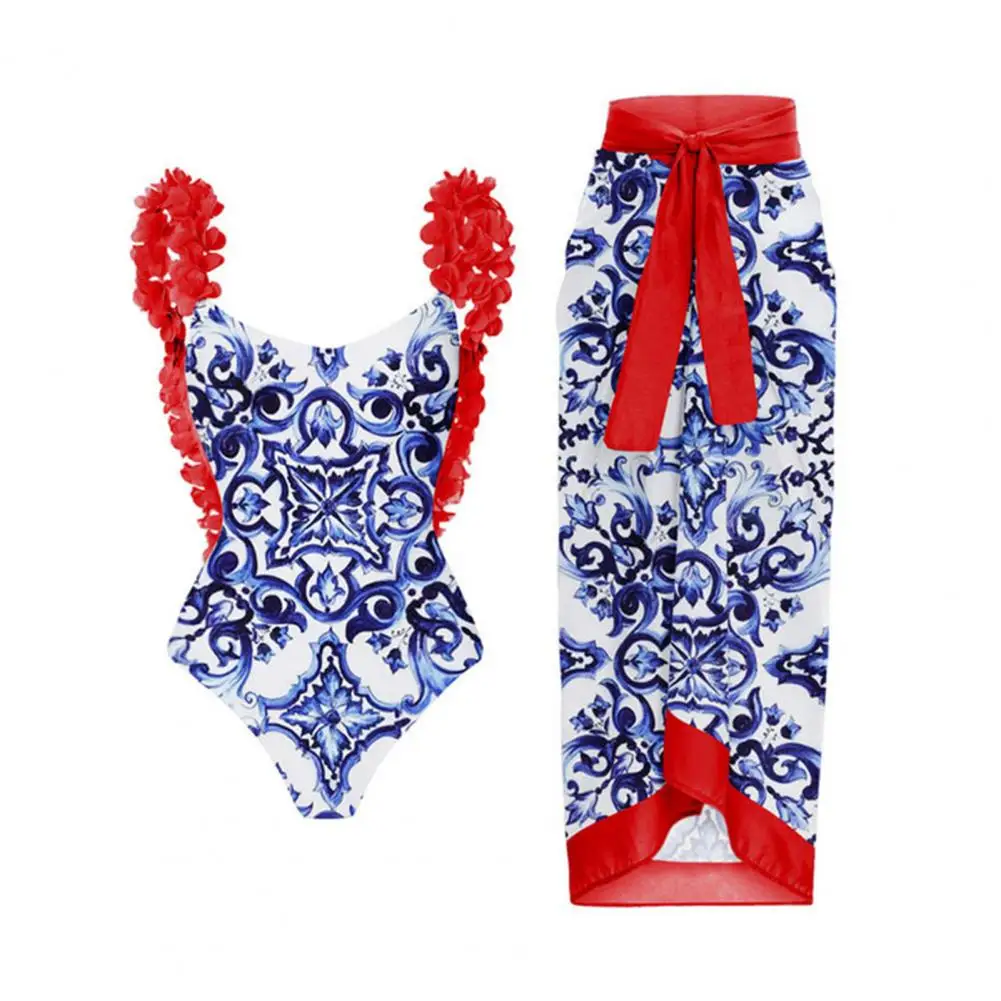 Swimsuit Cover Up Set Floral Printed Women's Bikini Set with Lace-up Cover Up Ruffle Bandage Swimwear 2pcs/set Sexy for Beach