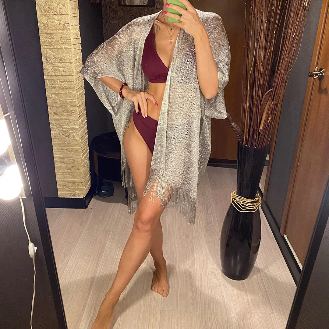 Sexy Fringe Tassel Mesh Sheer Shiny Knitted Tunic Beach Cover Up Cover-ups Beach Dress Beach Wear Beachwear Female Women