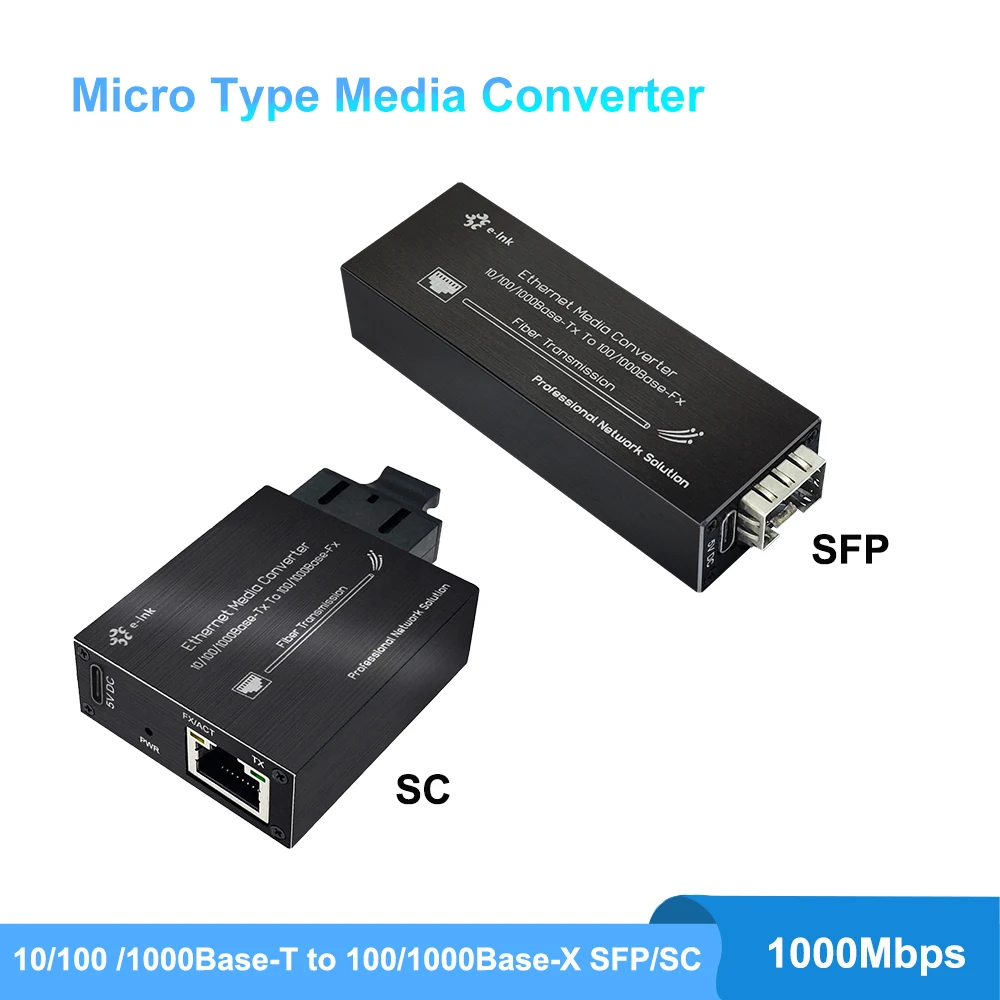 Micro Mini Gigabit Fiber Media Converter 10/100/1000Mbps SFP Ethernet Media Converter USB-C Power Input