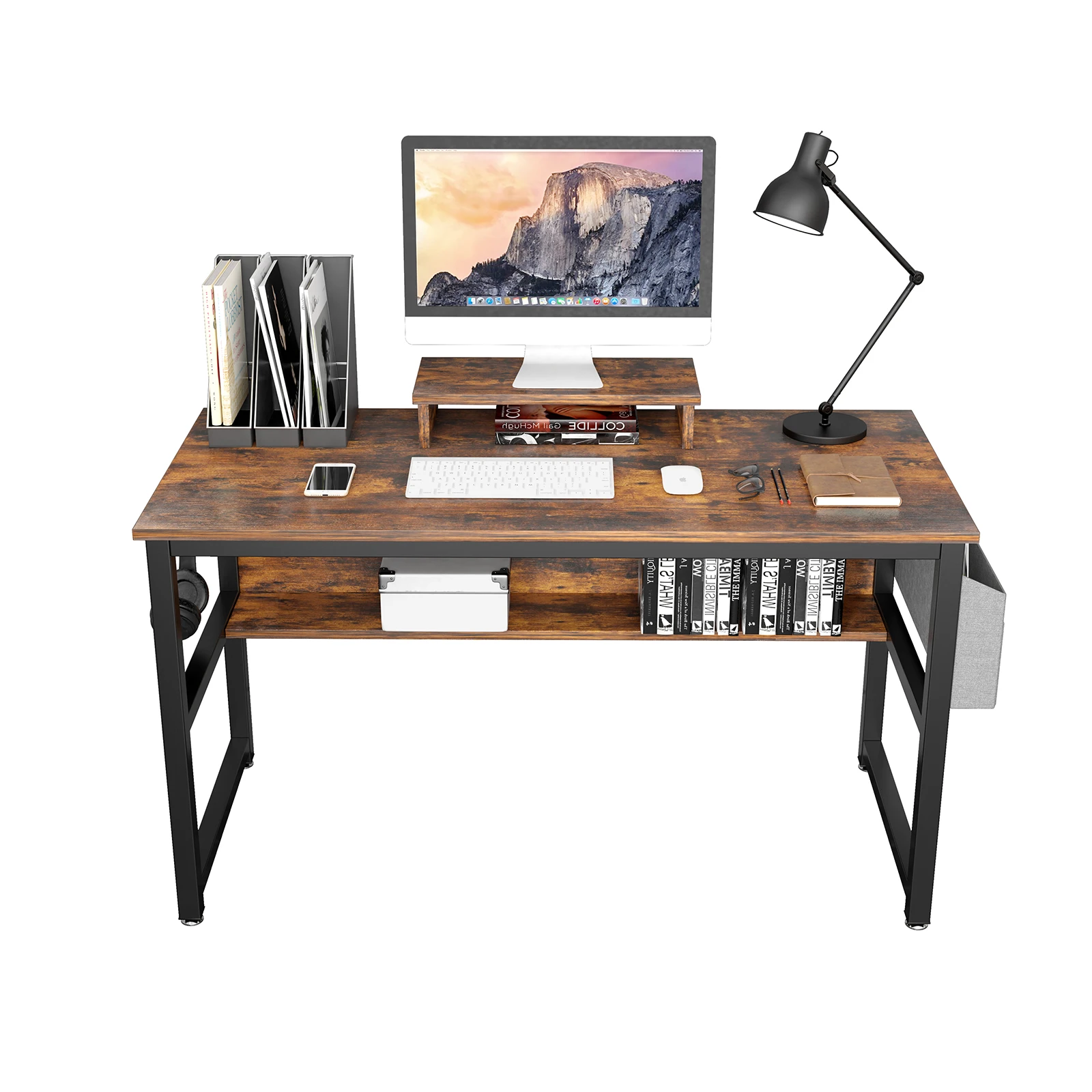 Computer Desk, Industrial Writing Desk with Storage Bag, 47in Computer PC Laptop Table with Bookshelf and Wood Monitor Stand monitor stand grey 80x24x10 5 cm solid wood pine