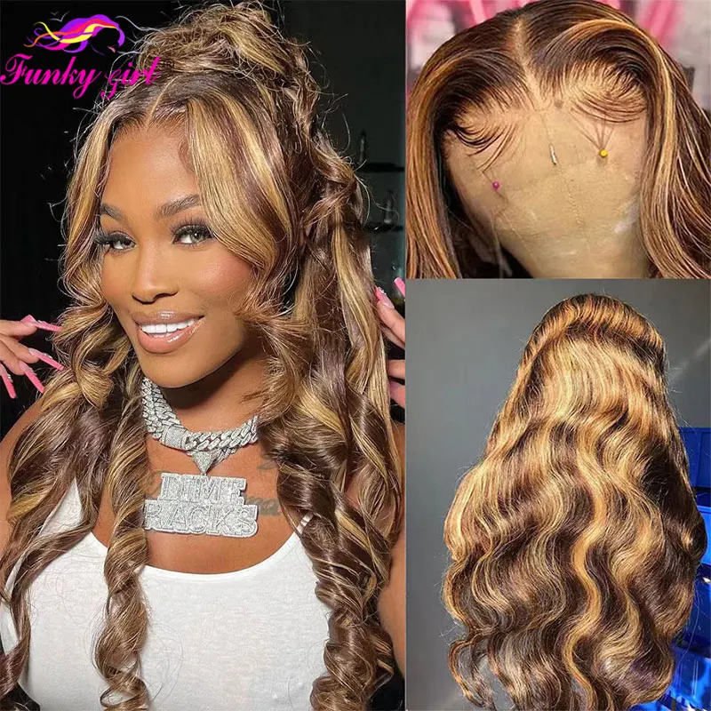 Human Hair Wig Body Wave 4/27 Honey Blonde T Part Lace Brazilian Remy For Women