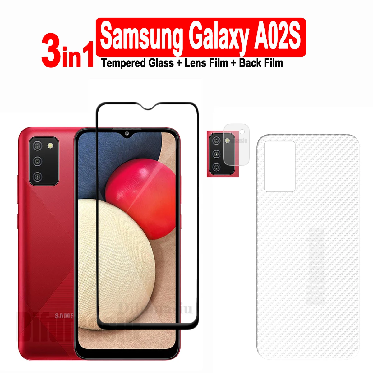 

3in1 For Samsung Galaxy A02S Tempered Glass Screen Protectors + Soft Back Film + Soft Camera Lens Film