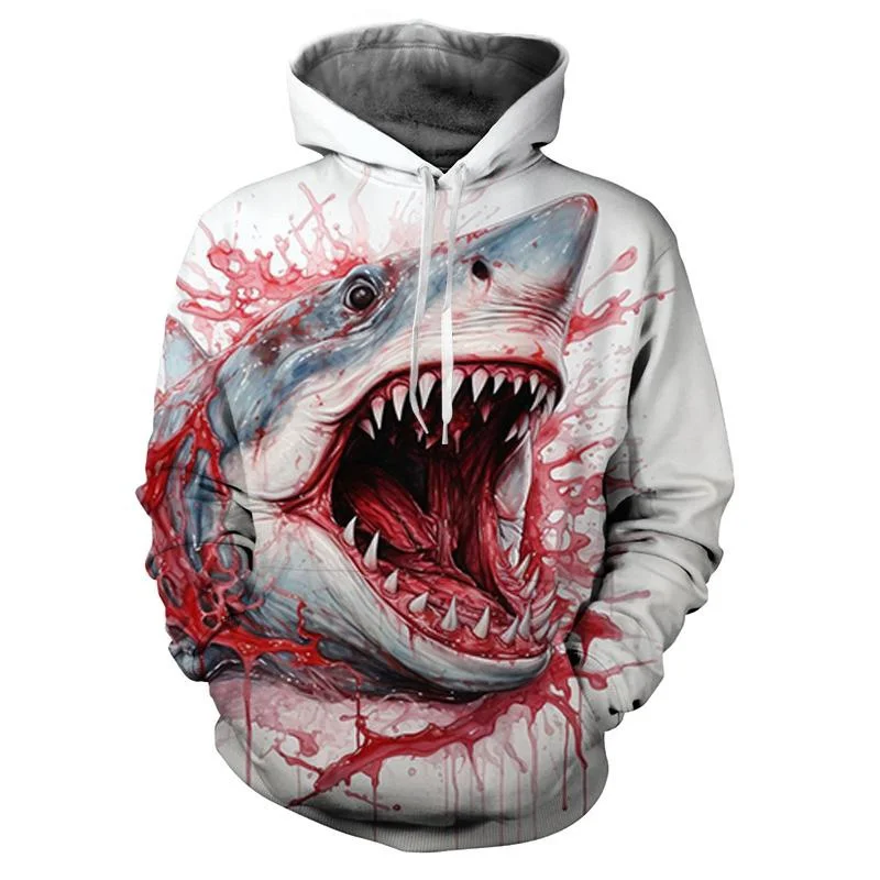 3D Printed Bloody Shark Hoodie For Men Marine Animal Pattern Long Sleeves Casual Sweatshirt Loose Pullover Hoodies Streetwear 5