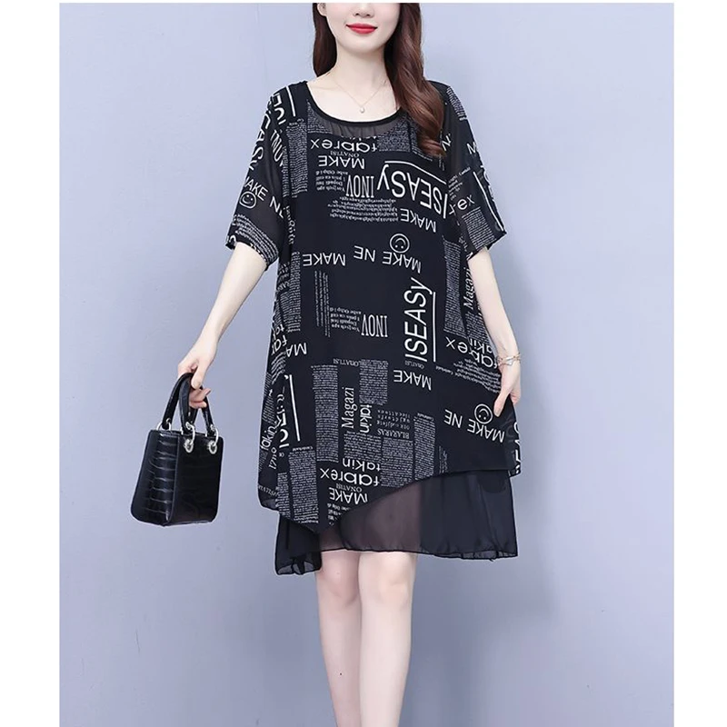 

Fashion O-Neck Printed Letter Irregular Short Sleeve Dress Women's Clothing 2024 Summer New Loose Asymmetrical Casual Dresses