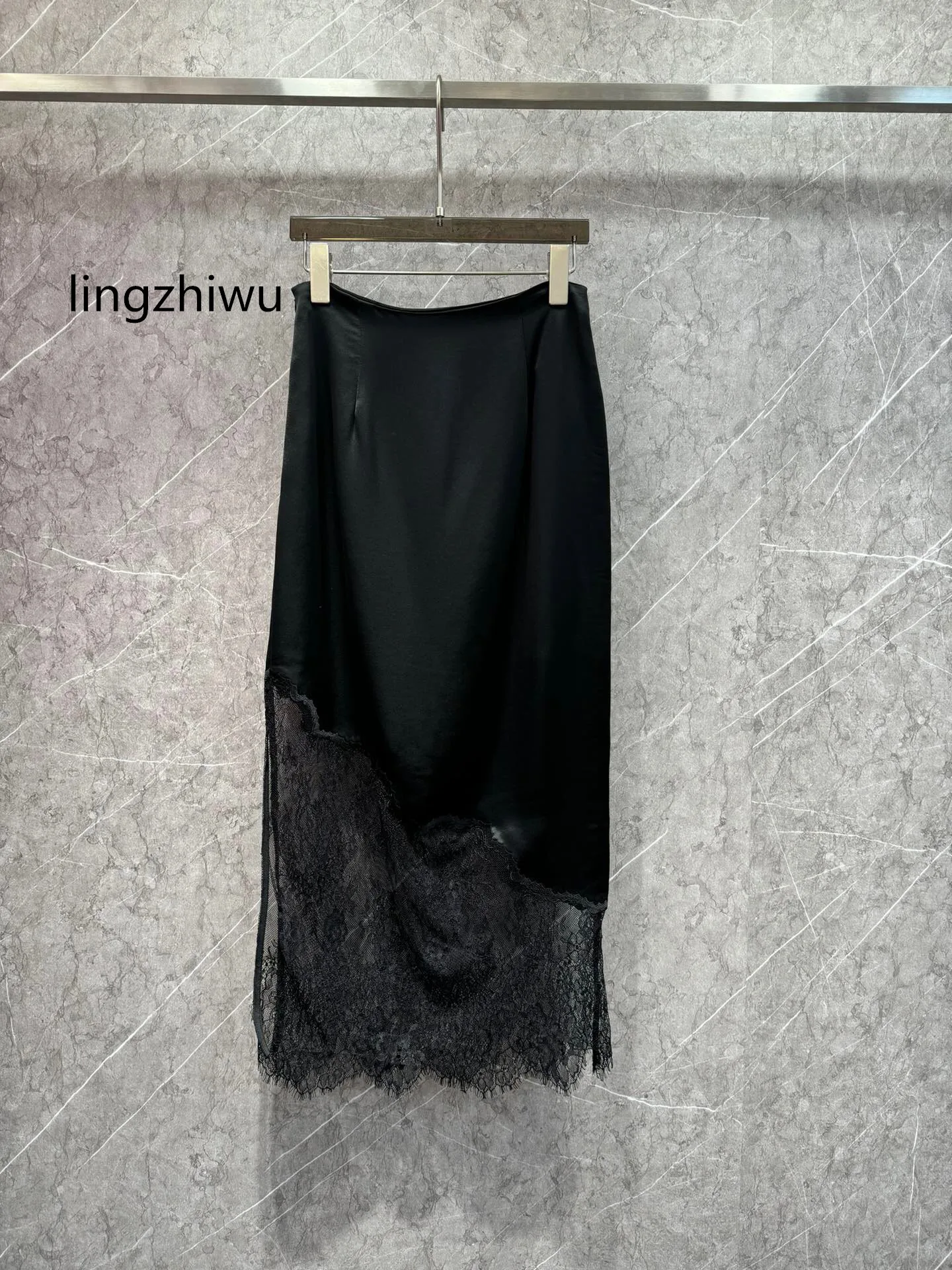 

lingzhiwu Women Black Long Skirt 2024 Summer Female Acetate Patchwork Slit Lace Skirts Hem High Waist Elegant Skirts New Arrive