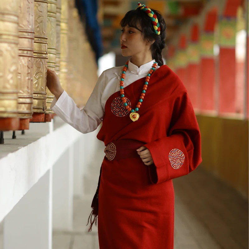 Tibetan Clothing Female Red Embroidery Tibet Robe Tourism Minority Style Dancing Dress