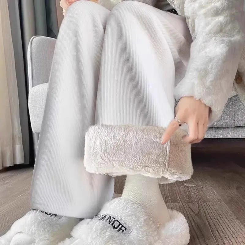 بنطلون نسائي واسع الساق مبطن بالصوف للخريف والشتاء، سروال كاجوال مريح بقصة مستقيمة وخصر مرتفع مصنوع من ألياف البوليستر