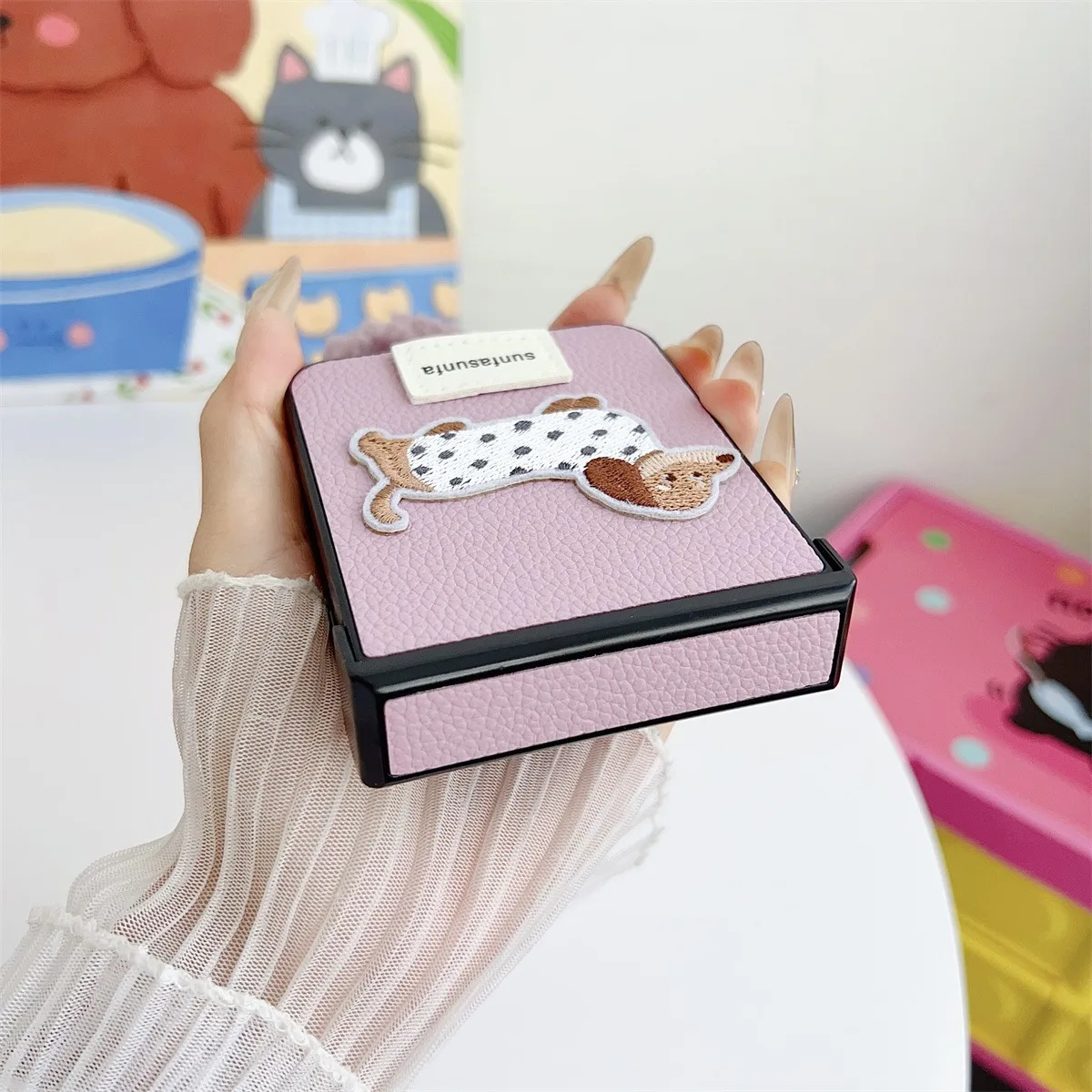Cartoon Sausage Dog PU Leather Phone Case with Wrist Strap and Hinge Protection