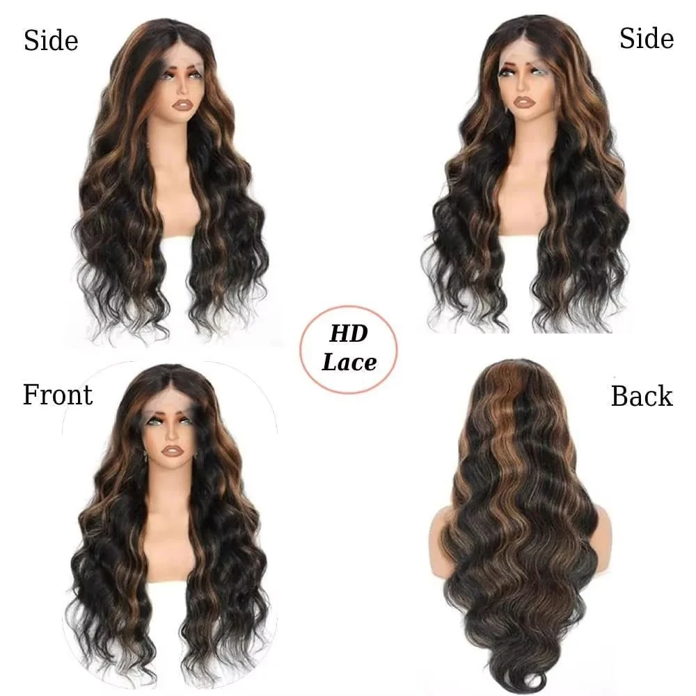 1B/30 Highlight Lace Front Wig Real Human Hair HD Transparent Lace Pre Plucked Natural Hairline Body Wave Virgin Remy Bleached Knots Glueless Design 16-38 Inch Ombre Colored Wig For Black Women Daily & Party Styling