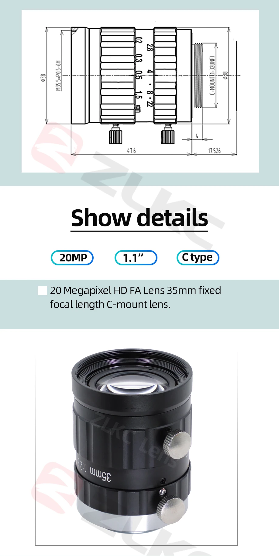 HD 20 Megapixel 35 mm feste Brennweite 1,1 Zoll großer Sensor, geringe Verzerrung, Bildverarbeitungslinsen, C-Mount, F2,8, industriell, 20 MP – Detail 9