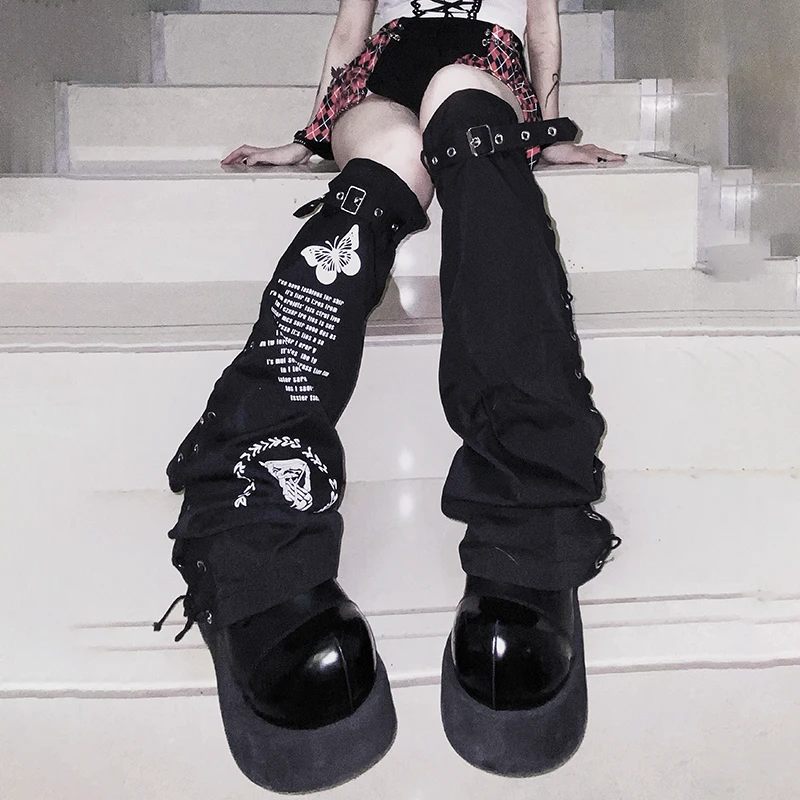 Japanese Harajuku Sweet Cool Girls Leg Warmer Punk Butterfly Letter Printing Buckle Hot Girls Black Leg Socks Leg Cover Women