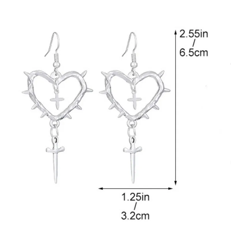 Silver Color Cross Heart Pendant Hoop Earrings for Women Vintage Gothic Dangle Earring Jewelry Gifts