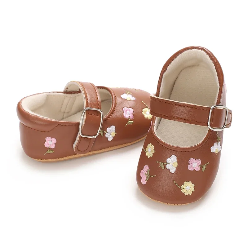 Baby Girls Mary Jane Flats PU Leather Infant Dress Shoes Floral Embroidery Princess Shoes 6