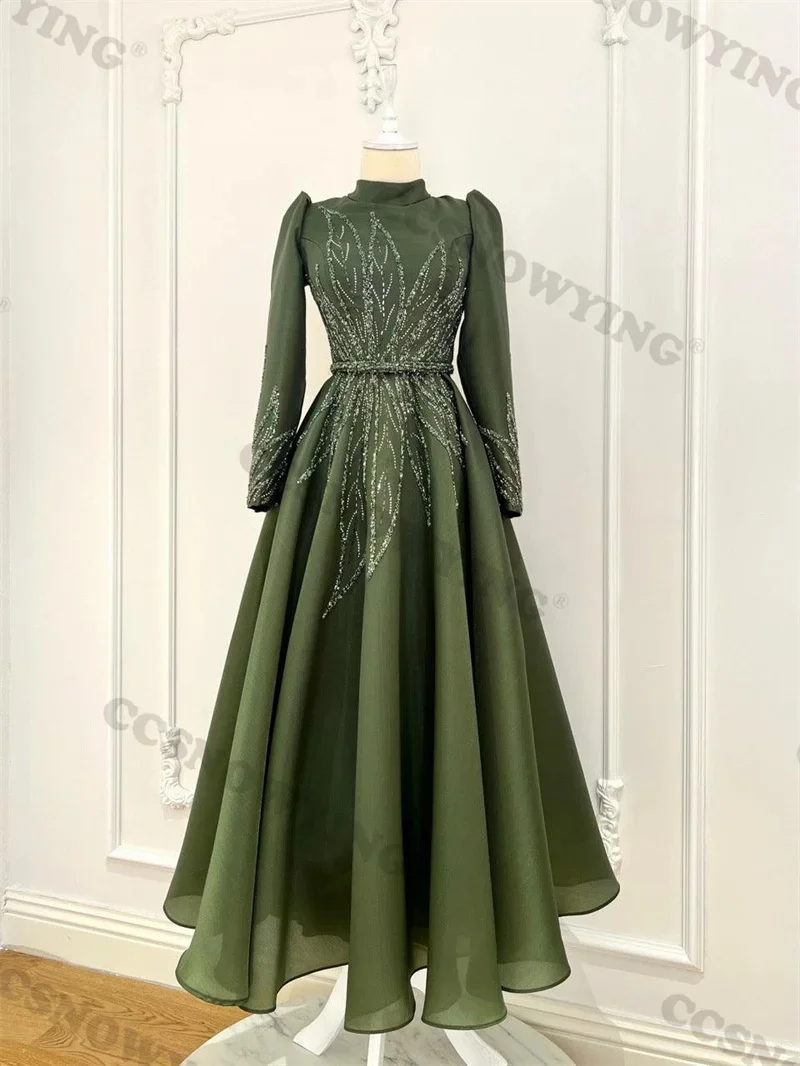 

Organza Appliquies Beaded Muslim Evening Dresses Arabic Dubai Long Sleeve Hijab Women Formal Party Gown A Line Robes De Soirée