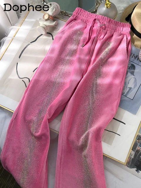 Hot Drilling Thin Chenille Pink Wide-Leg Pants for Women 2022 New Autumn  Slimming High Waist