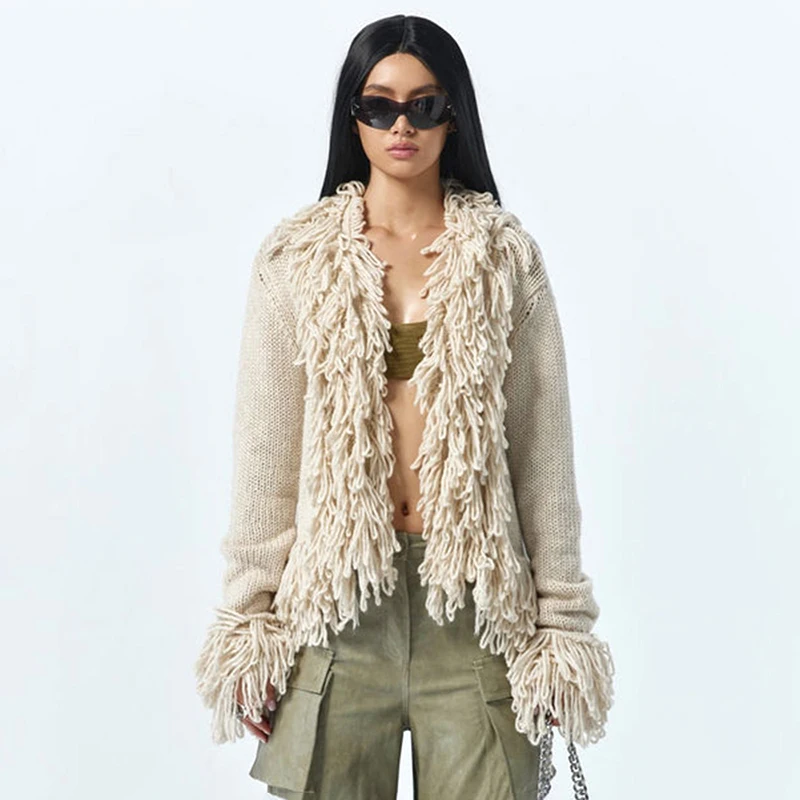 Women Vintage Tassel Knitted Cardigan Top Elegant Long Sleeve Fur