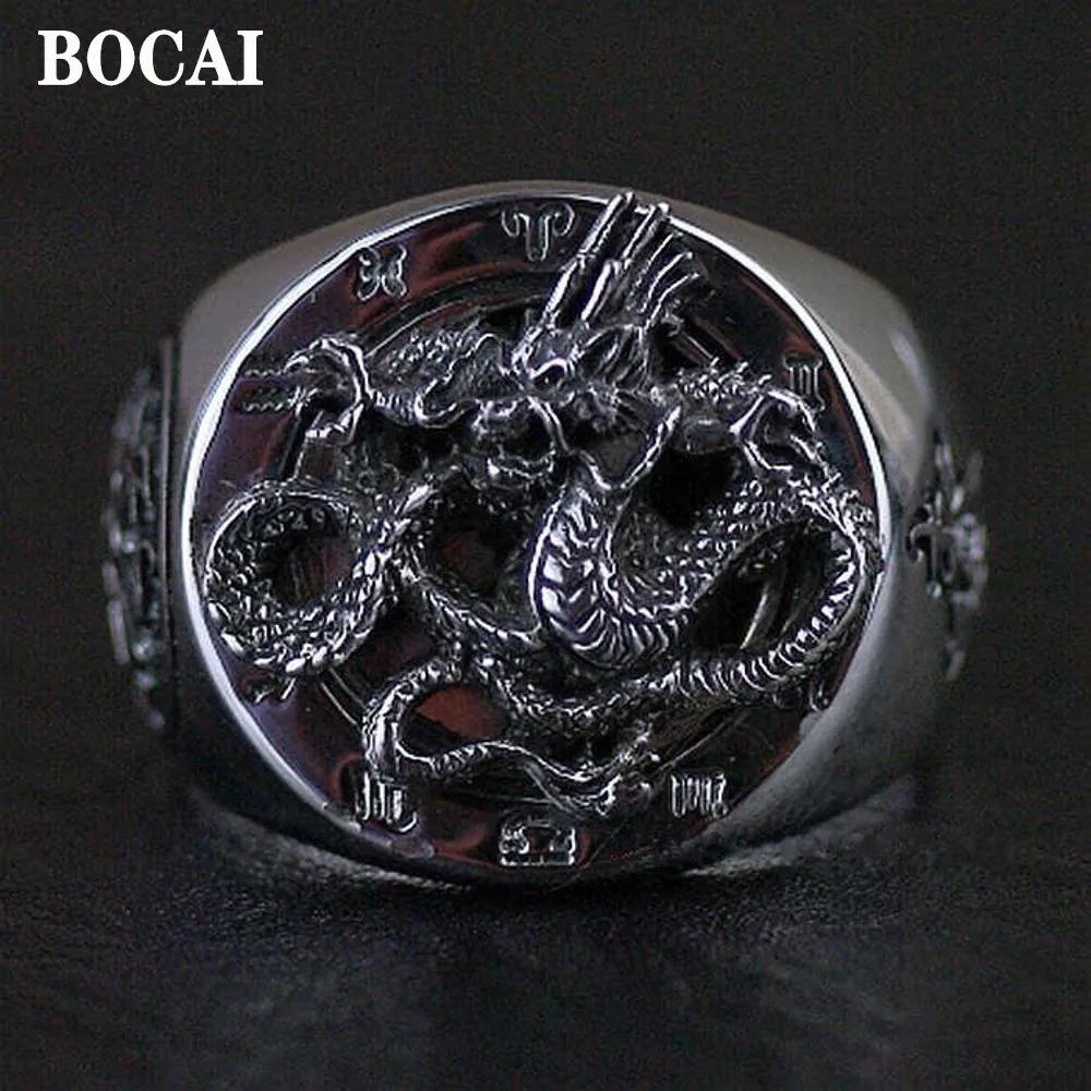 

BOCAI New 100% Real S925 Silver Jewelry Accessories Trendy Punk Style Green Dragon Man's Ring Exquisite Birthday Gift