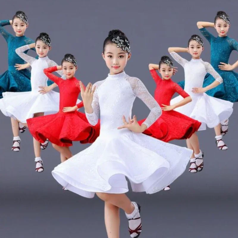 Dance Dress children Ballroom Salsa Tango lace dress Girl long sleeve Latin Dance dress