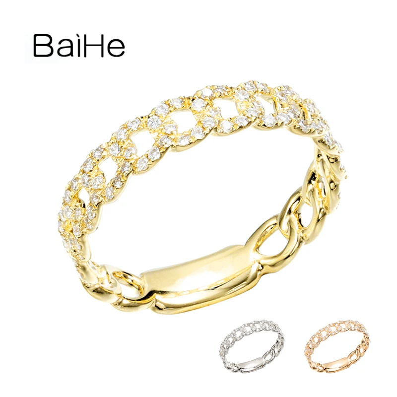 

BAIHE Solid 14K White/Yellow/Rose Gold Chain Shape Trendy Simple 0.22ct H/SI Natural Diamond Ring Women Men Fine Jewelry Making