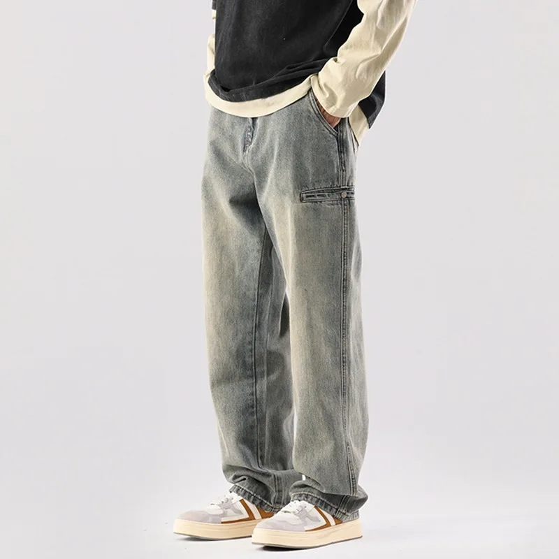 Korean Fashion New in Denim Mens Pants Solid Color Wide Leg Straight Bottoms Loose Jeans Streetwear Men Clothes Y2k