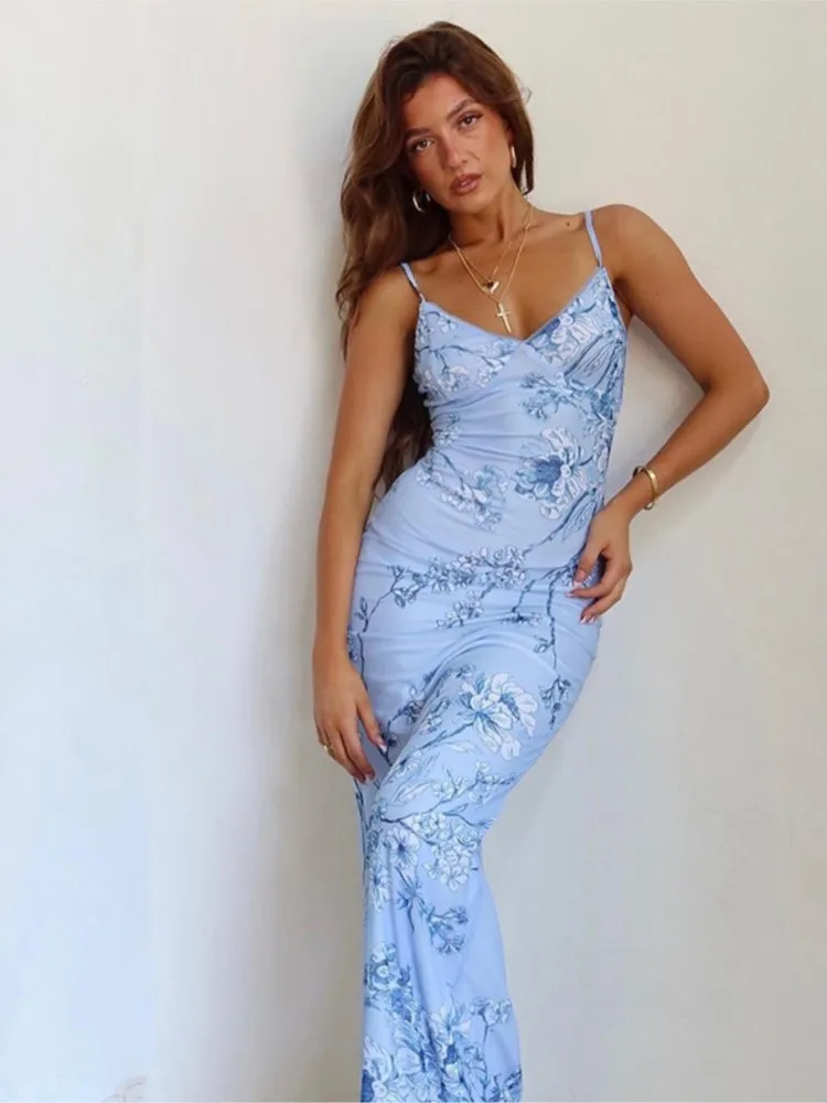 LOSIBUDSA Women's Floral Print Spaghetti Strap Low Cut Sundress V Neck Tie  Front Maxi Dress (Blue, S) at  Women's Clothing store