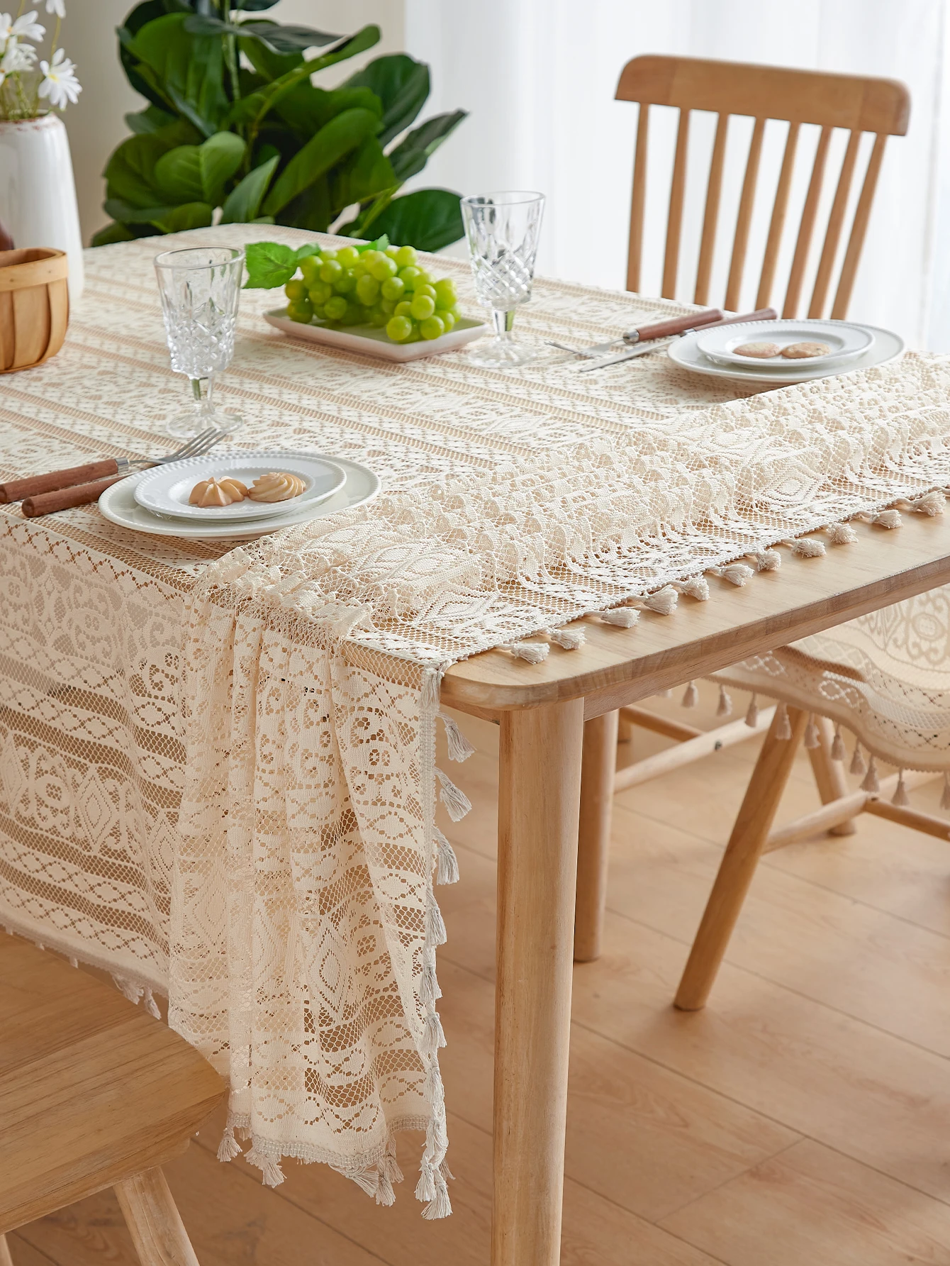 Beige Lace Striped Tablecloth with Tassels – Rectangular Coffee Table Cover 4