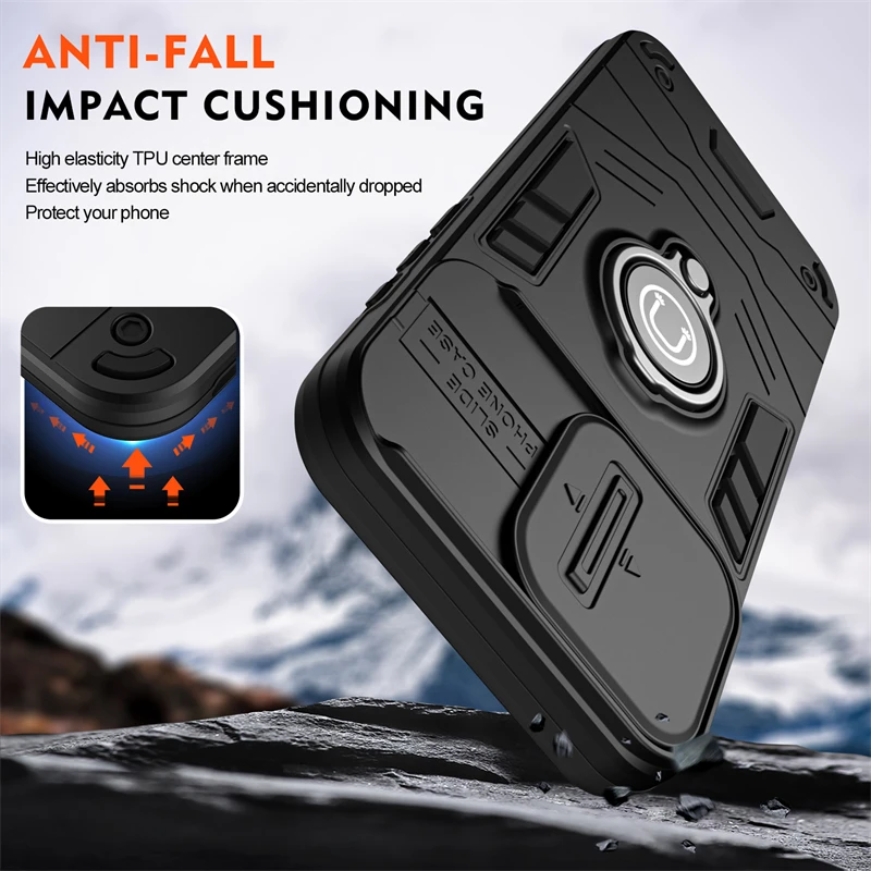 Magnetic Ring Shockproof Armor Case with Slide Lens Protection Cover