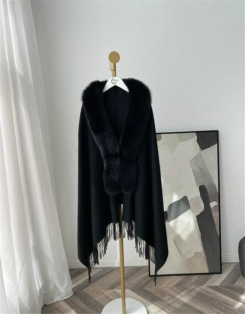 Neue Winter Mode Frauen Wolle Ponchos Mantel mit Echt Fox Pelz Trim Weibliche Mäntel Warme Schal Schal Wraps – Detail 25