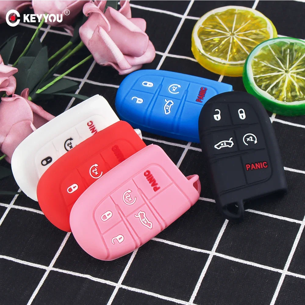 

KEYYOU Silicone Car Key Case Cover For Jeep Grand Cherokee Dodge JCUV Dart Journey Chrysler 300C Fiat 5 Button Remote Fob Rubber