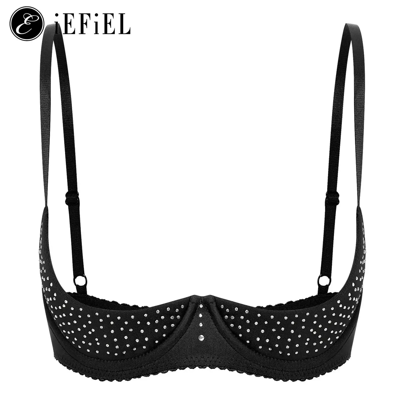 

Womens Balconette Sparkly Rhinestone Demi Cup Underwire Unlined Push Up Shelf Bra Non-Padded Bralette Lingerie Underwear