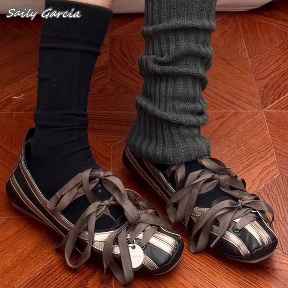 Mixed Color Pork Split Skin Butterfly Knot Ballet Flats All Match Stripe Lace Up Shallow Casual Shoes Square Toe Hollow Shoes