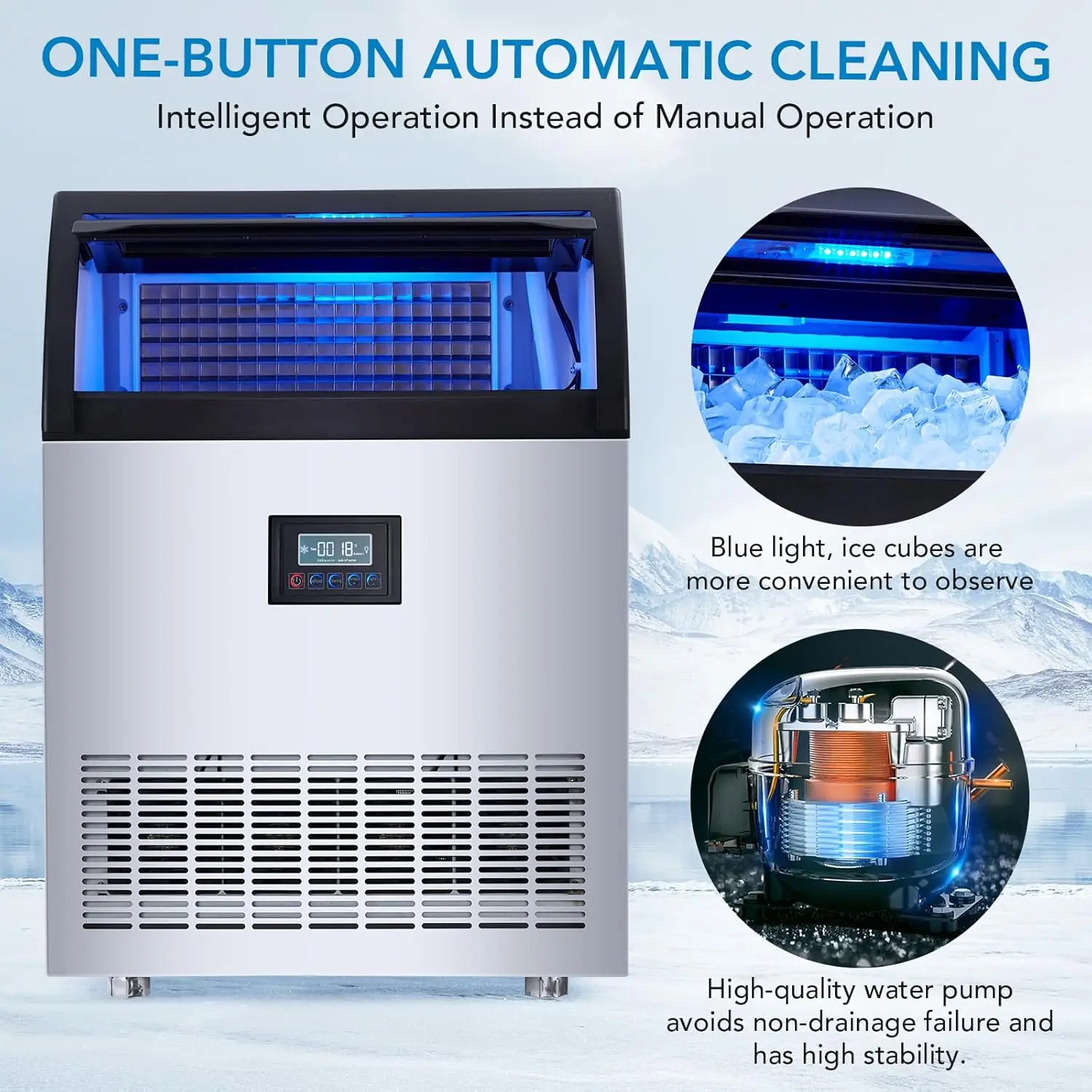 Commercial Ice Maker, 120 lb/24 Hour Stainless Steel Under Counter Ice Machine, LED Digital Display Maker Machine