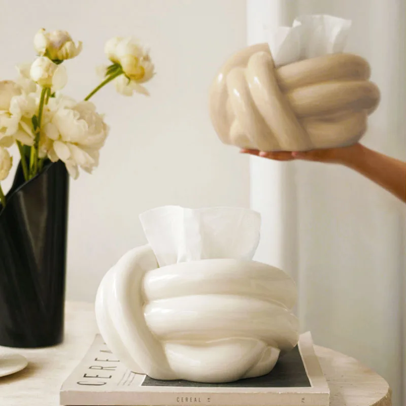 

European Modern Creative Cute Abstract Art Knot Shape Ceramic Tissue Box Napkin Holder Home Coffee Table Desktop Paper Towel Box