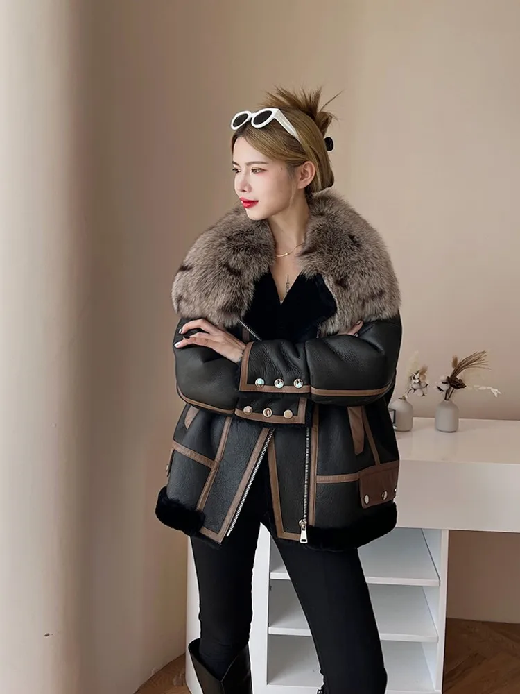 Winter Women Luxury Fox Fur Collar Moto Biker Natural Shearling Jacket Real Fur Wool Lining Loose Fit Coat Thick Warm Overcoat