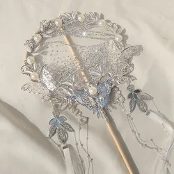 Éventail de pompon à longue poignée, rond, fait à la main, style chinois ancien, classique hanfu, accessoire décoratif, 2021 