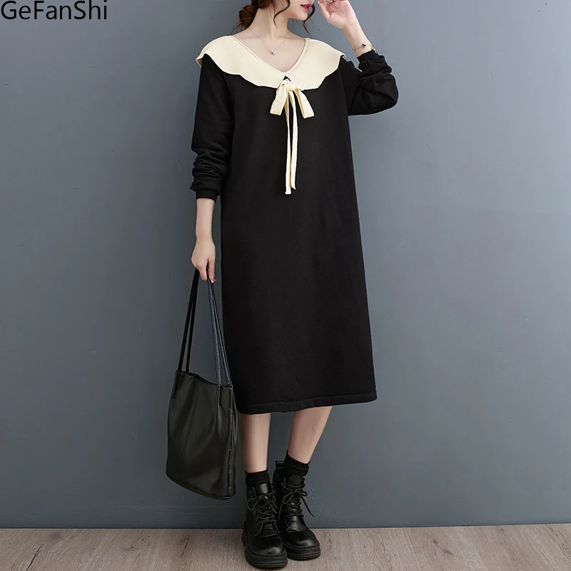 

2023 Autumn Winter Korean Knitting Patchwork Brief Dresses Women Long Sleeve Fashion Casual Dress Elegant Clothes Vestidos Robe