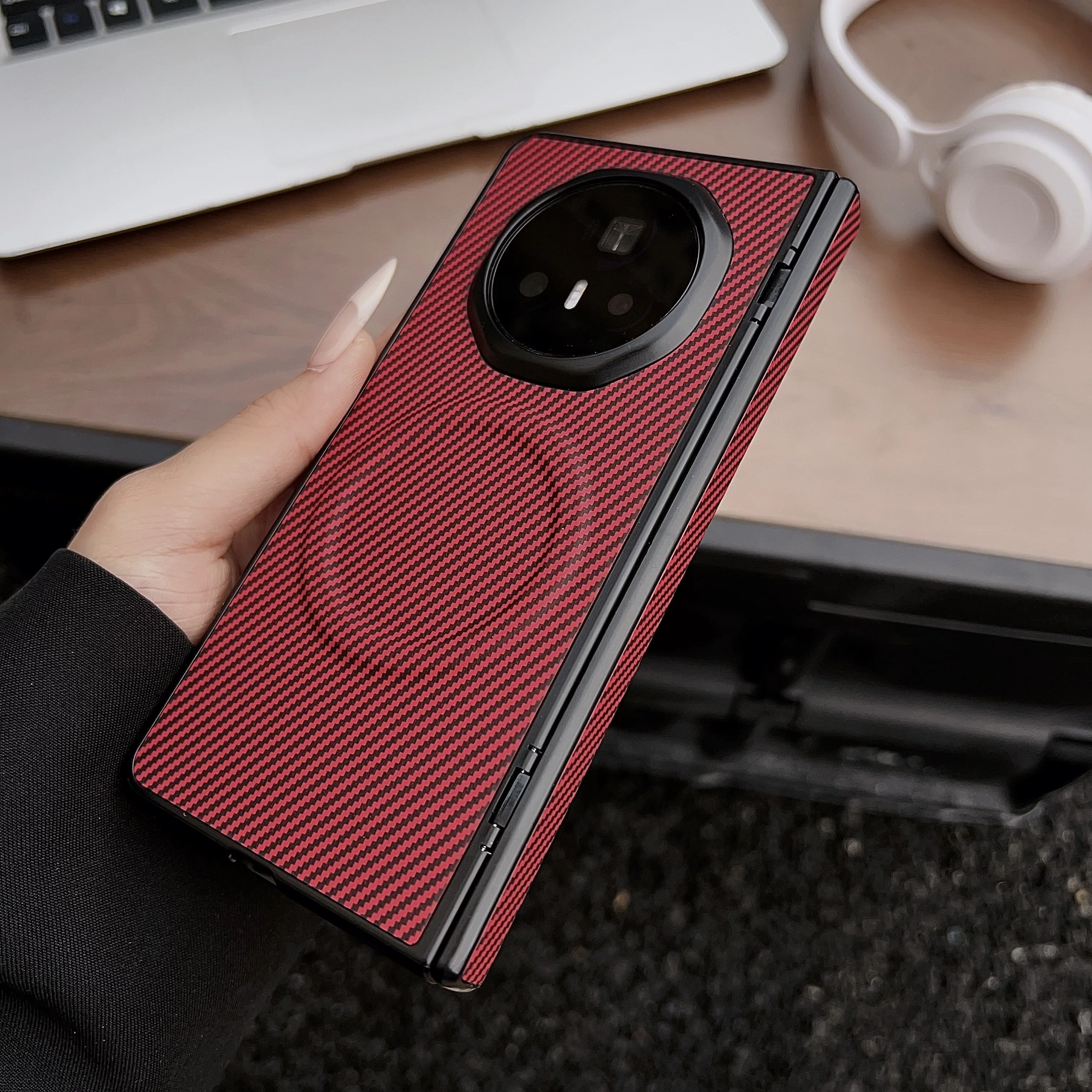 Luxury Carbon Fiber Pattern PU Leather Folding Wireless Charging Phone Case