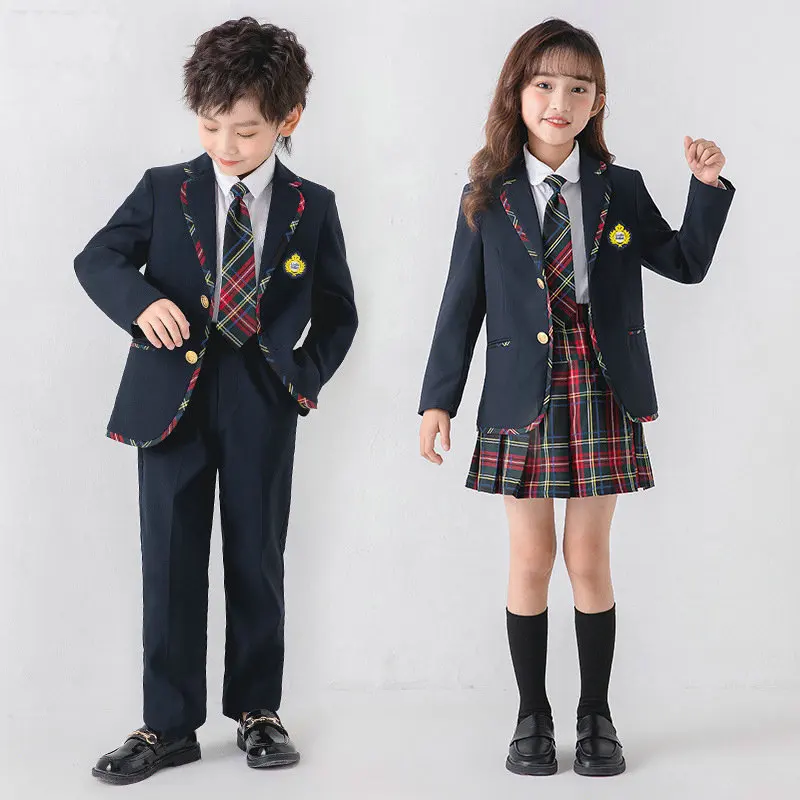 Ternos de saia xadrez infantis, uniforme escolar, jaqueta feminina, vestido formal para meninos, conjuntos de roupas de estudante, roupas infantis britânicas