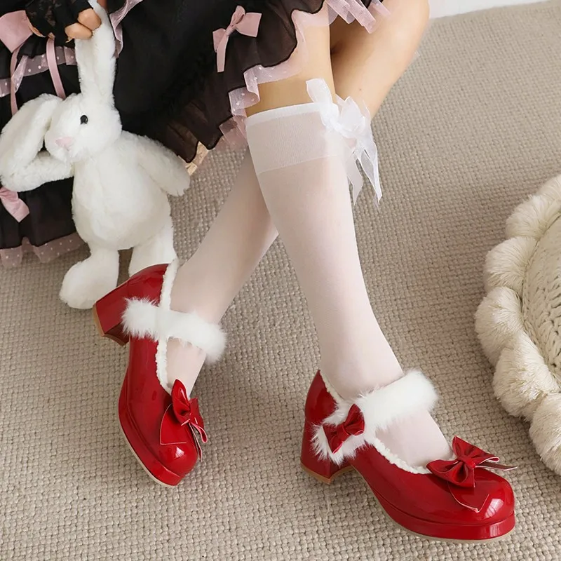 

Женские туфли-лодочки на платформе, розовые, белые, Красные Туфли Мэри Джейн с круглым носком и бантом, теплый плюшевый мех, униформа для косплея, стиль «лолита»