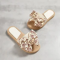 Female Summer Slippers Artificial Straw Sole Shoes Lady Summer Indoor Flat with Flip Flops Stitching Floral Women Slippers - Image 2