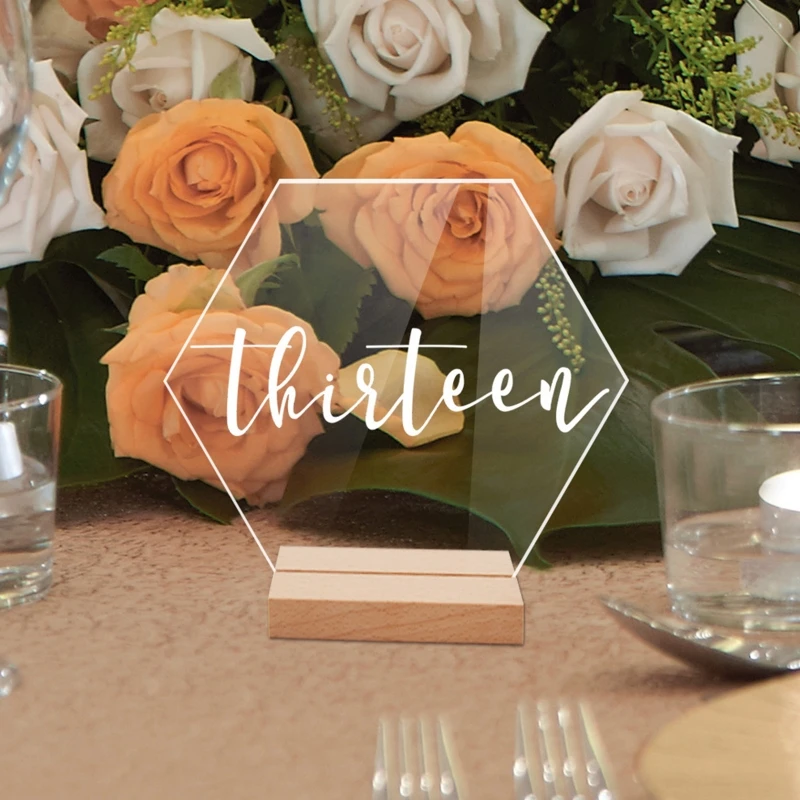 20 PCS Hexagon Acrylic Wedding Table Number Sign with Wood Holder Set Supplies for Home Festival Party Dining Table Decoration